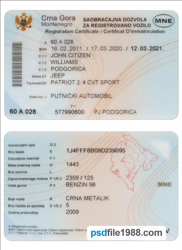 Montenegro Vehicle Registration Certificate